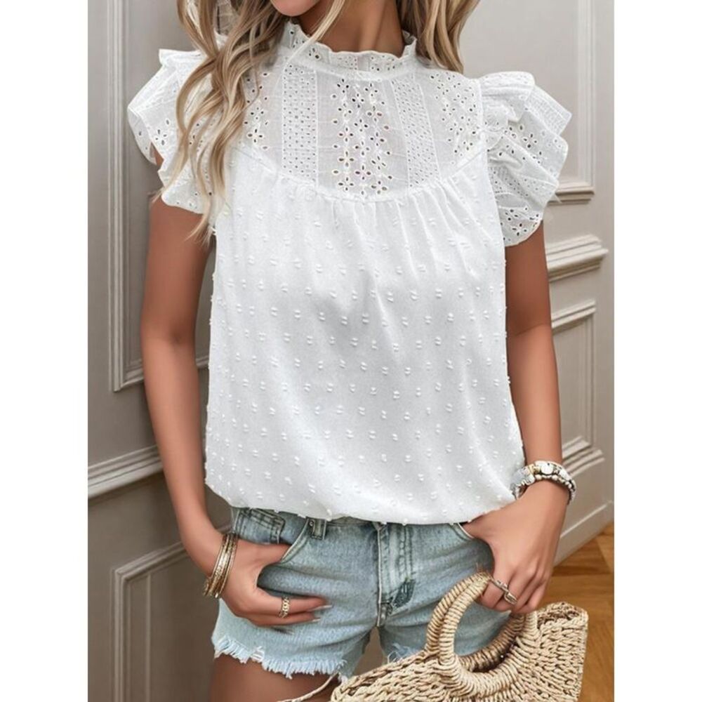 Everyday the Label Eyelet Swiss Dot Cap Sleeve Blouse Women White Blouses & - Picture 5 of 7